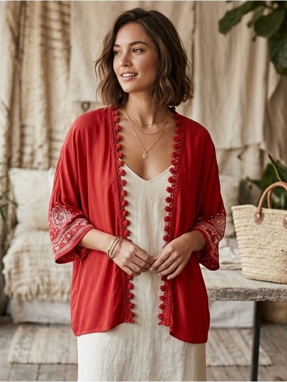 Xhilaration Terracotta and Cream Western Cottagecore Bohemian Kimono Embroidered